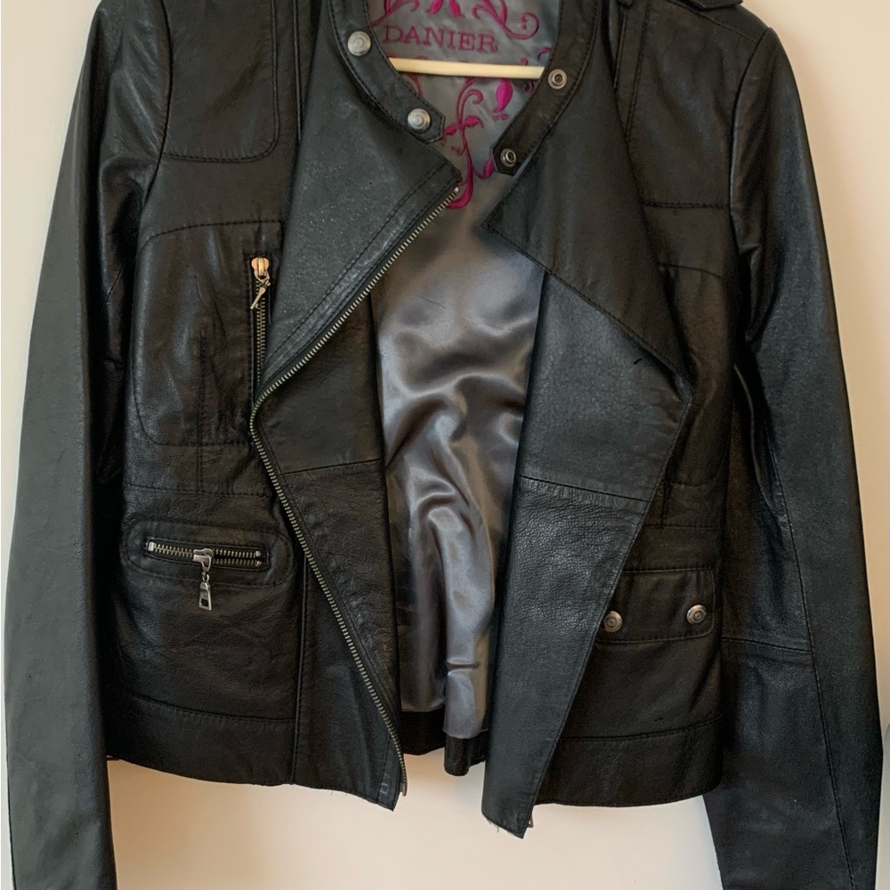 Danier Black Leather Motorcycle Jacket with Asymmetrical Zipper